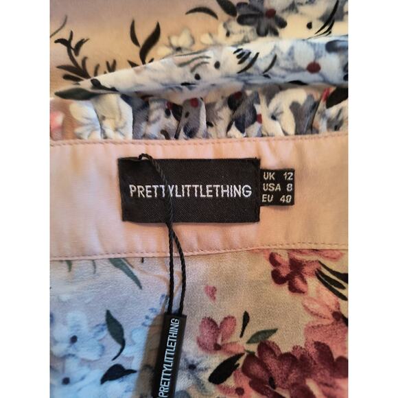 Pretty Little Thing Pink Floral Mini Dress Women's Sz 8 Long Sleeve Lined Ruched - Picture 2 of 16